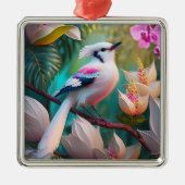 白い紋付き赤面胸ファンタジー鳥 メタルオーナメント (正面)