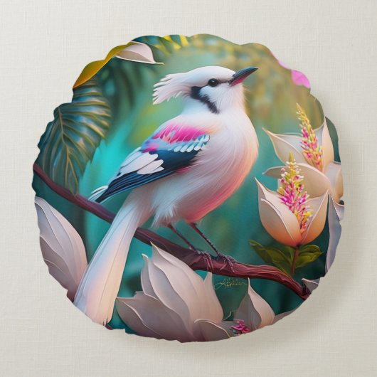 白い紋付き赤面胸ファンタジー鳥 ラウンドクッション (正面)