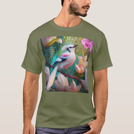 白い紋付き赤面胸ファンタジー鳥 Tシャツ (正面)