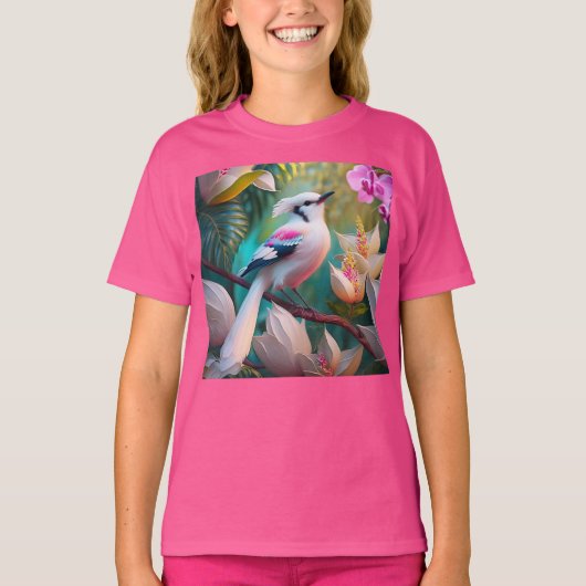白い紋付き赤面胸ファンタジー鳥 Tシャツ (正面)