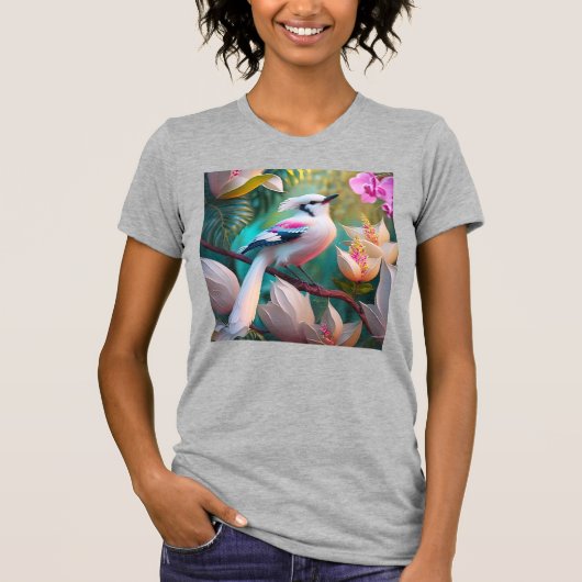 白い紋付き赤面胸ファンタジー鳥 Tシャツ (正面)