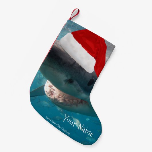 白い素晴らしクリスマスシャークのサンタ帽を被おもしろいる スモールクリスマスストッキング (正面 (吊り時))