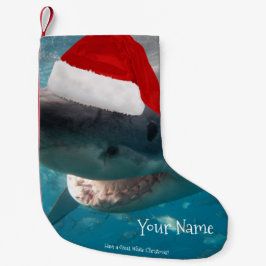 白い素晴らしクリスマスシャークのサンタ帽を被おもしろいる スモールクリスマスストッキング