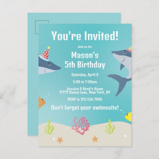 白い素晴らしサメのパーティー帽子 インビテーションポストカード (正面/裏面)