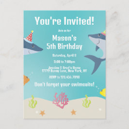 白い素晴らしサメのパーティー帽子 インビテーションポストカード