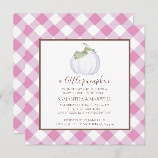 白い素朴かぼちゃとギンガムベビーシャワー 招待状 (正面/裏面)