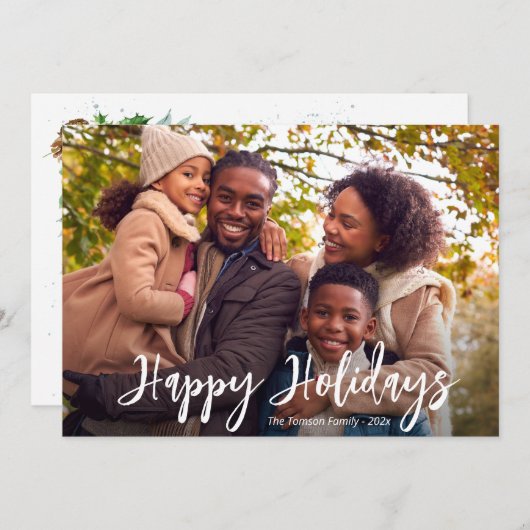 白い素朴なスクリプト写真ハッピーホリデーカード シーズンカード (正面/裏面)
