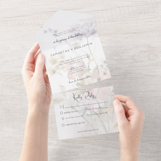 白い素朴ディナーにミュートされたワイルドフラワー オールインワン招待状 (貼ってはがせる)