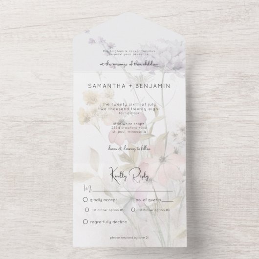 白い素朴ディナーにミュートされたワイルドフラワー オールインワン招待状 (内側)