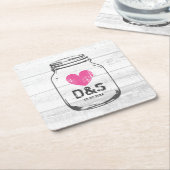 白い素朴バームウッド結婚メイソン・ジャー スクエアペーパーコースター (アングル)