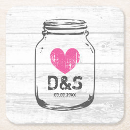 白い素朴バームウッド結婚メイソン・ジャー スクエアペーパーコースター