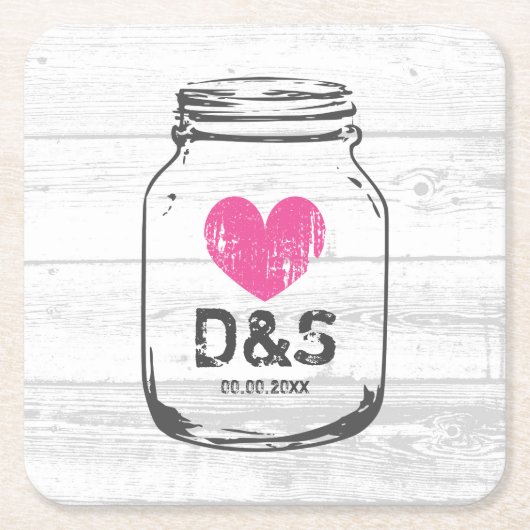 白い素朴バームウッド結婚メイソン・ジャー スクエアペーパーコースター (正面)