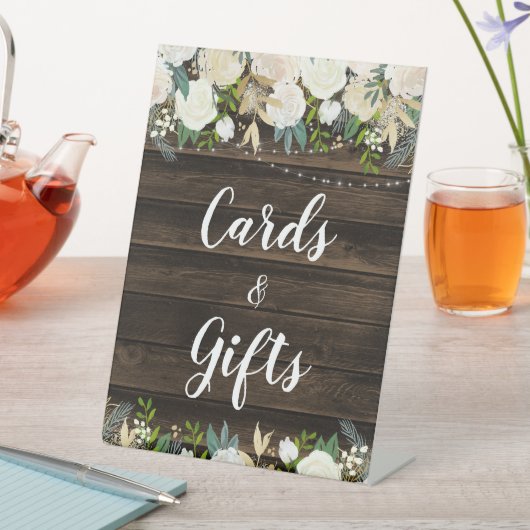 白い素朴フローラ文字列ライトカードとギフト 台座サイン (インサイチュ)