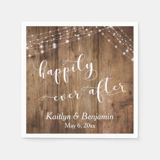 白い素朴ライト付き木材、後に幸せに スタンダードカクテルナプキン (正面)