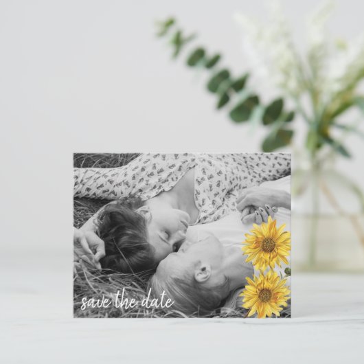 白い素朴木のひまわり日付保存 案内ポストカード (スタンド正面)