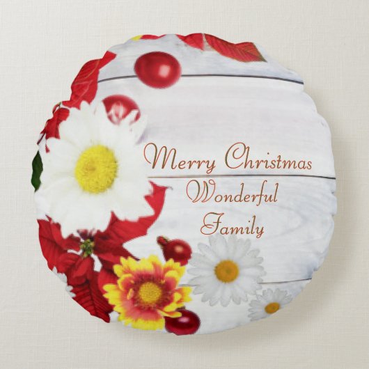 白い素朴木のポインセチアと黄色の花 ラウンドクッション (正面)