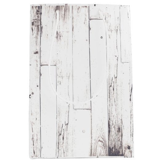 白い素朴木材みすぼらしいシックな田舎の結婚式 ミディアムペーパーバッグ (正面)