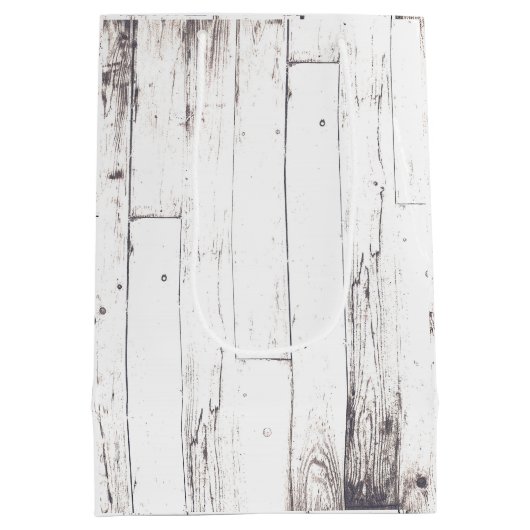 白い素朴木材みすぼらしいシックな田舎の結婚式 ミディアムペーパーバッグ (裏面)