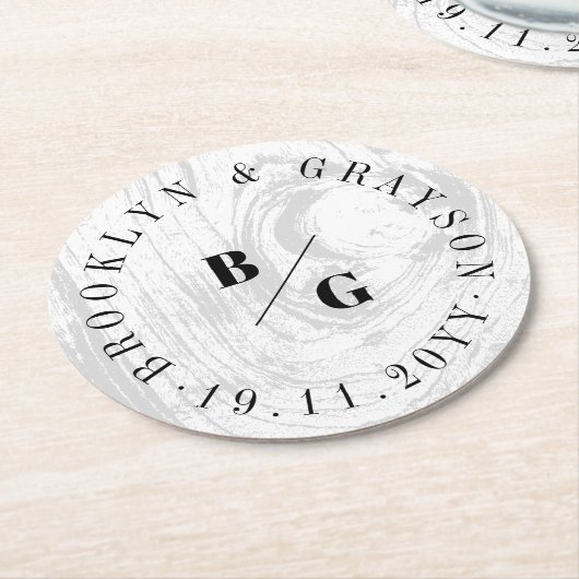 白い素朴木目の質シックな冬の結婚式 ラウンドペーパーコースター (アングル)