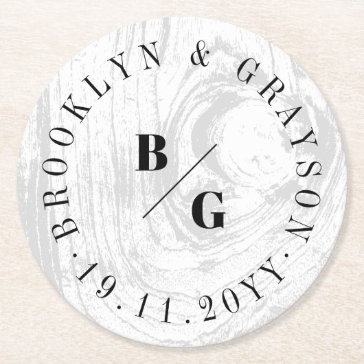 白い素朴木目の質シックな冬の結婚式 ラウンドペーパーコースター (正面)