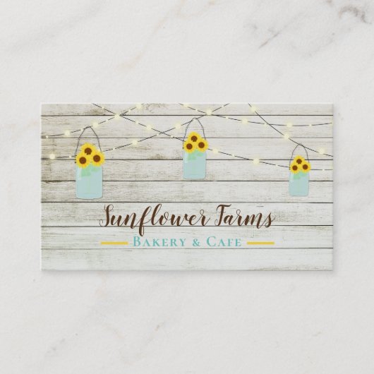 白い素朴木製ライト&メイソンジャールサンフラワー 名刺 (正面)