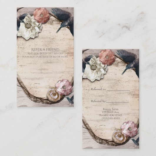 白い素朴樺の木ハミングバード友人を参照 紹介カード (正面/裏面)