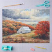 白い素朴納屋の秋の木々のデコページ 薄葉紙 (クラフト)