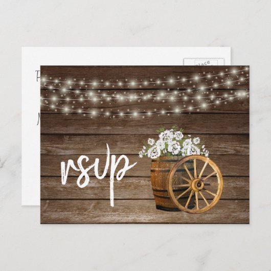 白い素朴花付き木製バレル – RSVP インビテーションポストカード (正面/裏面)