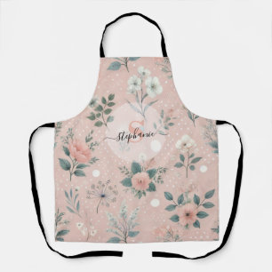 白い素朴開花と緑のピンクのフローラ エプロン