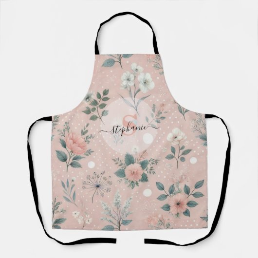 白い素朴開花と緑のピンクのフローラ エプロン (正面)