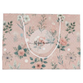 白い素朴開花と緑のピンクのフローラ ラージペーパーバッグ (裏面)