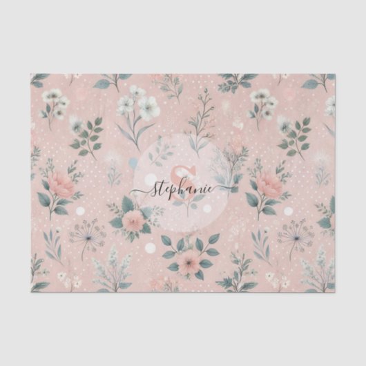 白い素朴開花と緑のピンクのフローラ 薄葉紙 (正面)