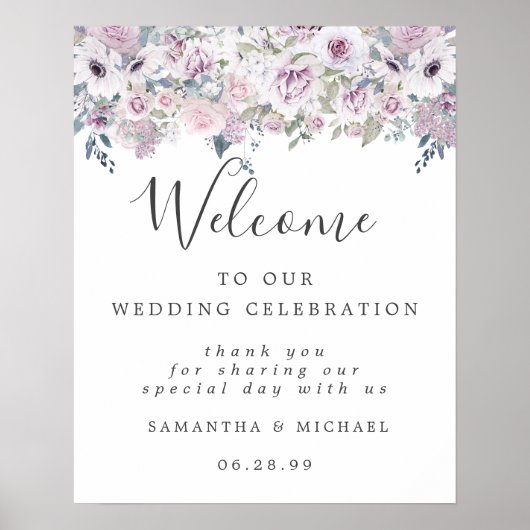 白い紫のフローラが我々のサイン結婚にようこそ ポスター (正面)