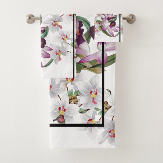 白い紫色の蘭の花のストライプなBathタオルセット バスタオルセット (インサイチュ)