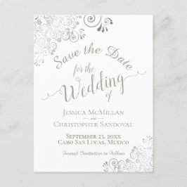 白い結婚式のセージレースのようグリーン日付を保存 案内ポストカード