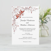 白い結婚式の招待状に赤い渦巻き模様 招待状 (スタンド正面)