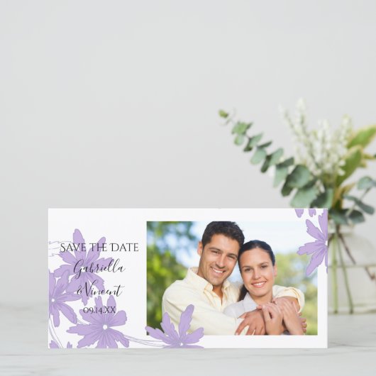 白い結婚式の紫のデイジー日付を保存 セーブザデート (スタンド正面)