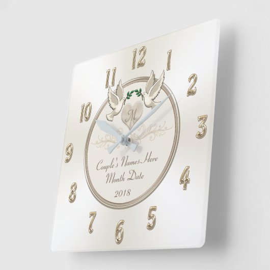 白い結婚式の贈パーソナライズされたり物結婚の時計 スクエア壁時計 (傾斜)
