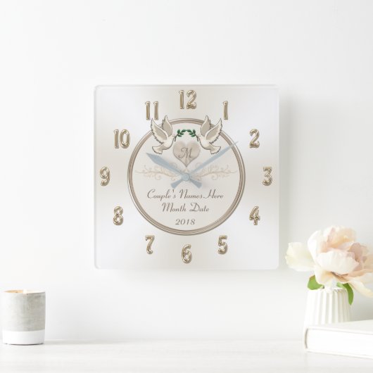 白い結婚式の贈パーソナライズされたり物結婚の時計 スクエア壁時計 (ホーム)