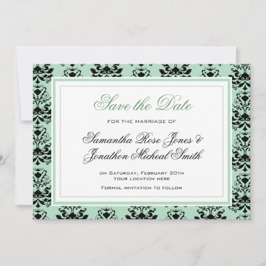 白い結婚式招待状が付いている真新しく、黒いダマスク織 セーブザデート (正面)