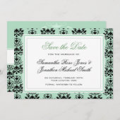 白い結婚式招待状が付いている真新しく、黒いダマスク織 セーブザデート (正面/裏面)