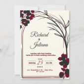 白い結婚式招待状でブルゴーニュ色の花をつける 招待状 (正面)