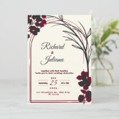 白い結婚式招待状でブルゴーニュ色の花をつける 招待状 (スタンド正面)
