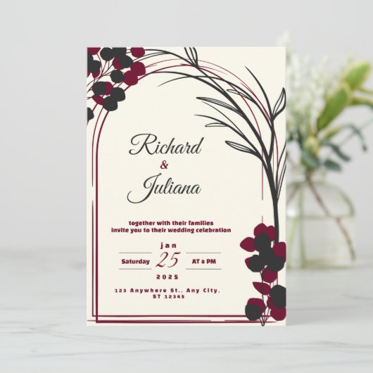 白い結婚式招待状でブルゴーニュ色の花をつける 招待状 (スタンド正面)