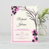 白い結婚式招待状とピンク色の花 招待状 (スタンド正面)