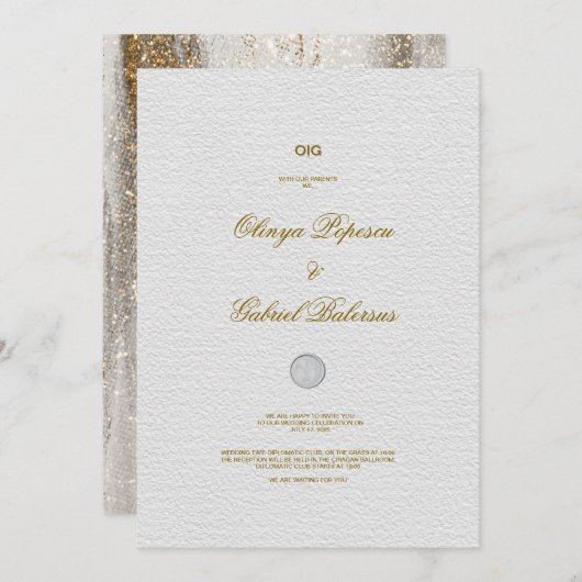 白い結婚式招待状と金ゴールドブラシストローク 招待状 (正面/裏面)