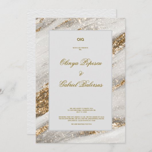 白い結婚式招待状と金ゴールドブラシストローク 招待状 (正面/裏面)