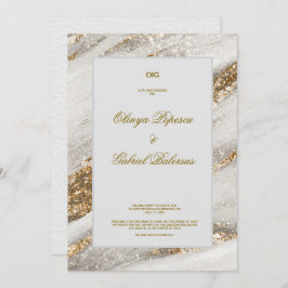白い結婚式招待状と金ゴールドブラシストローク 招待状