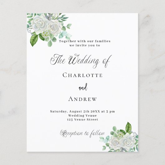 白い結婚花模様の緑の予算の招待 チラシ (正面)