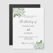 白い結婚花模様は緑豊かエレガントな贅沢 マグネット招待状 (正面/裏面)